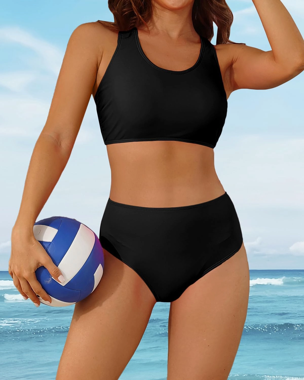 Holipick Women High Waisted Two Piece Bikini Sports Crop Top Swimsuit Scoop Neck Bathing Suit for Teen Girls with Bottom