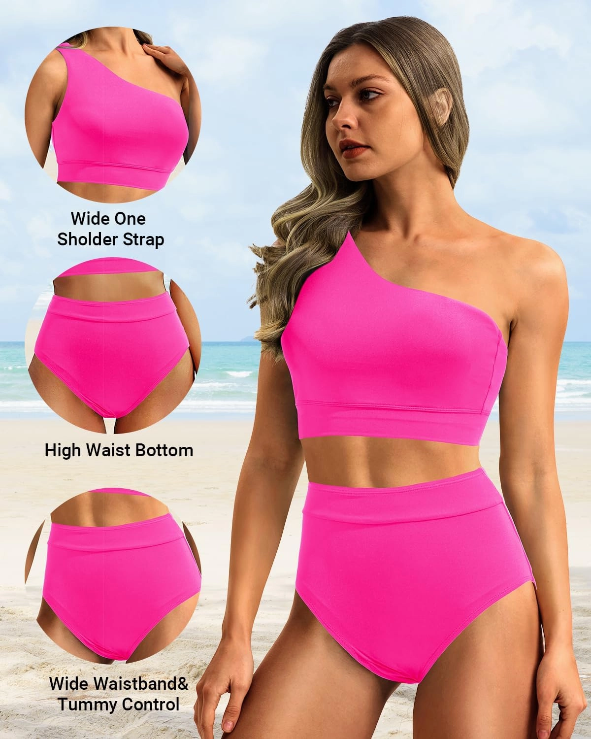 Holipick Women One Shoulder High Waisted Bikini Sets Two Piece Swimsuit Tummy Control Bathing Suit Full Coverage Swimwear