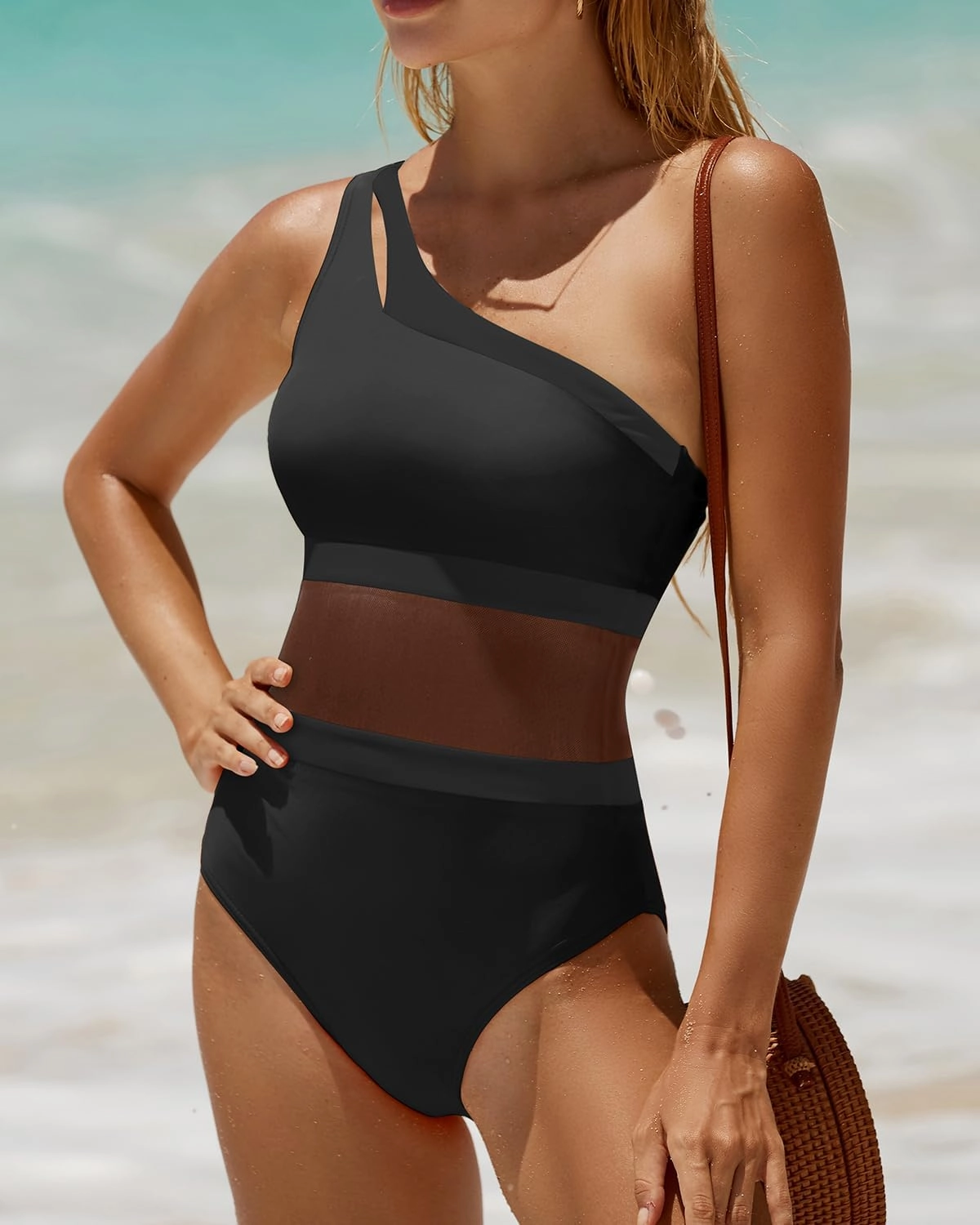 Holipick Women's One Shoulder One Piece Swimsuit Cutout Bathing Suits Mesh Slimming Swimwear for Teen Girls