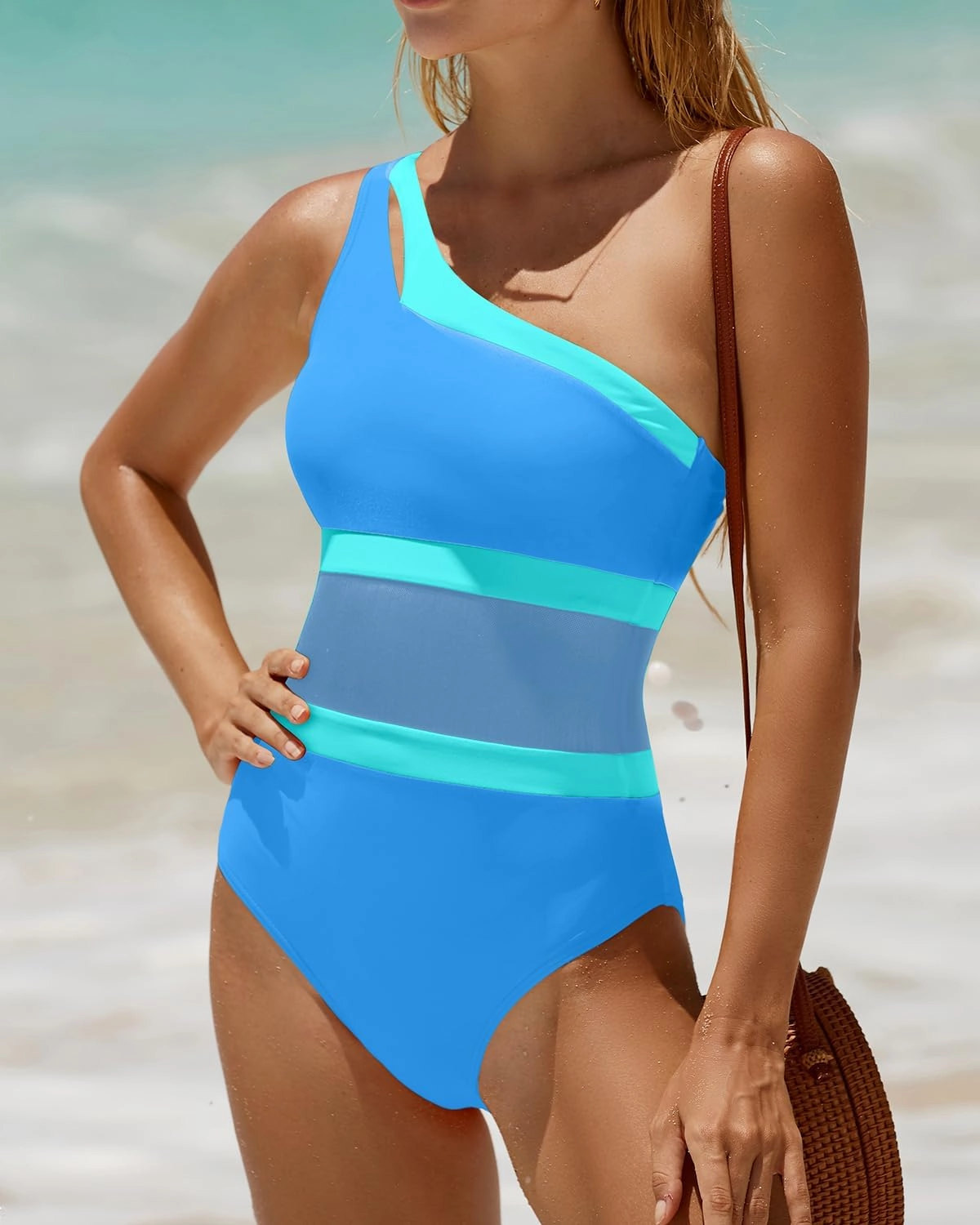 Holipick Women's One Shoulder One Piece Swimsuit Cutout Bathing Suits Mesh Slimming Swimwear for Teen Girls