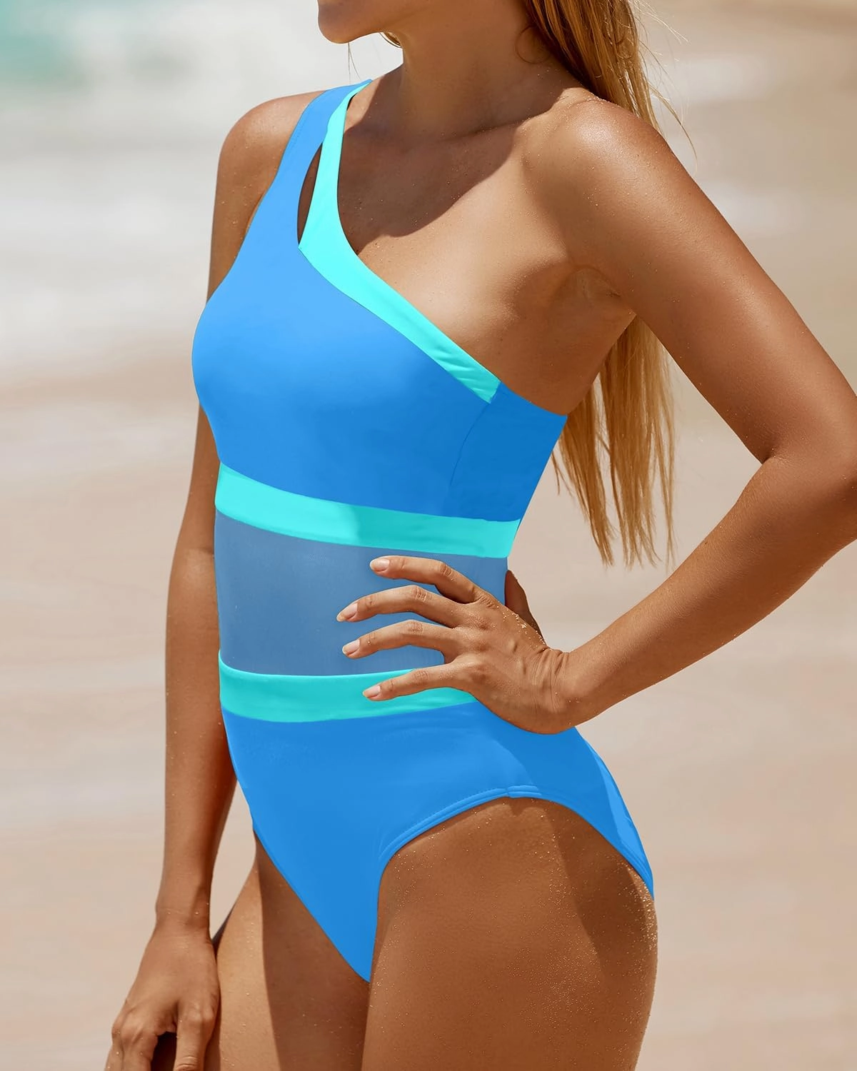 Holipick Women's One Shoulder One Piece Swimsuit Cutout Bathing Suits Mesh Slimming Swimwear for Teen Girls
