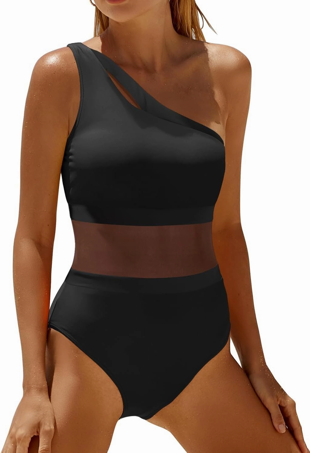 Holipick Women's One Shoulder One Piece Swimsuit Cutout Bathing Suits Mesh Slimming Swimwear for Teen Girls