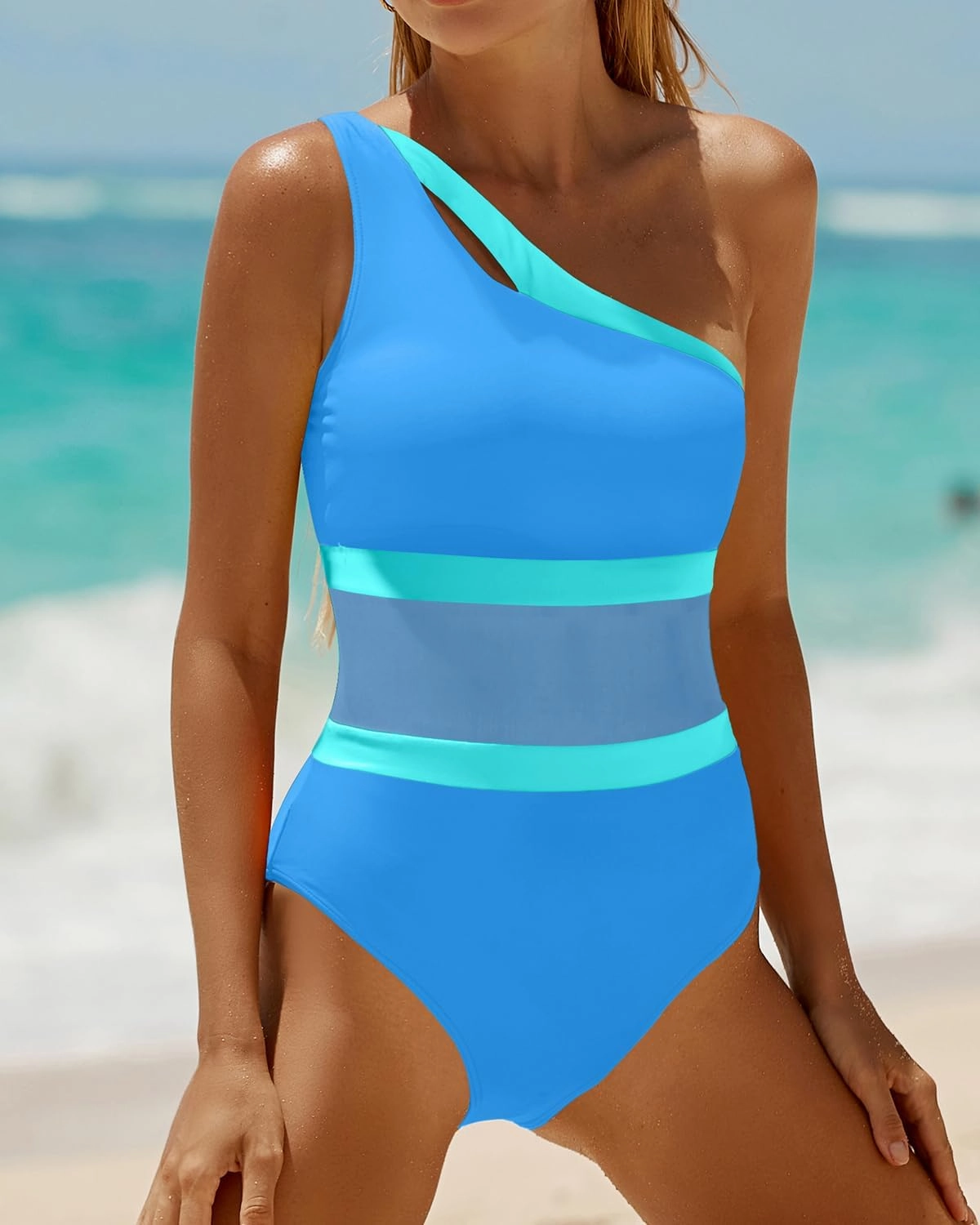 Holipick Women's One Shoulder One Piece Swimsuit Cutout Bathing Suits Mesh Slimming Swimwear for Teen Girls