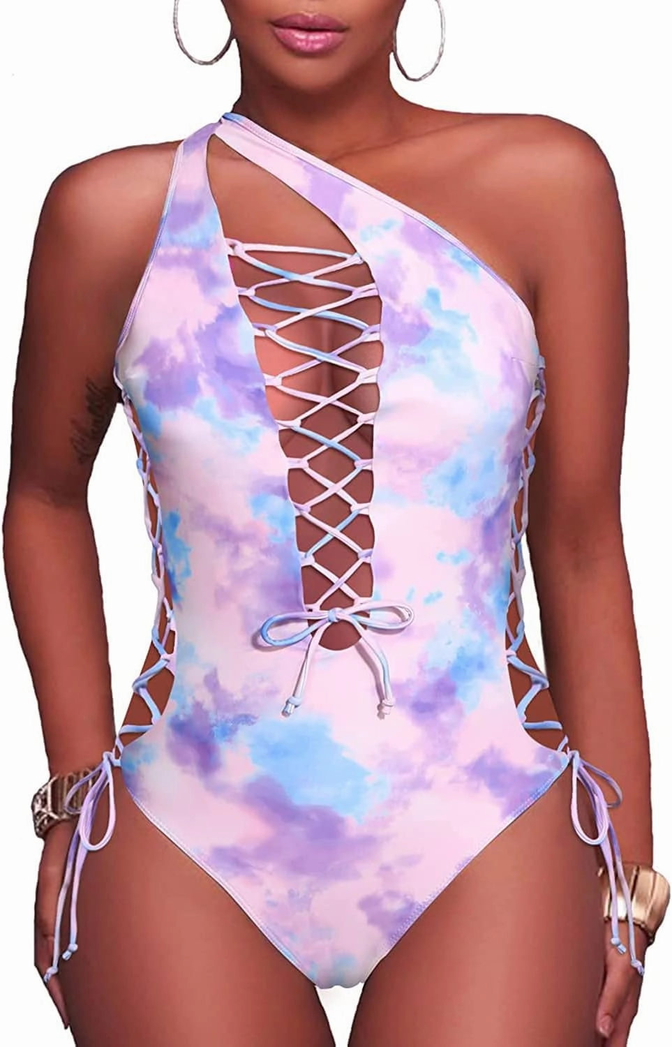 Holipick Women Sexy One Piece Swimsuit One Shoulder Bathing Suit Lace Up Swimwear Monokini