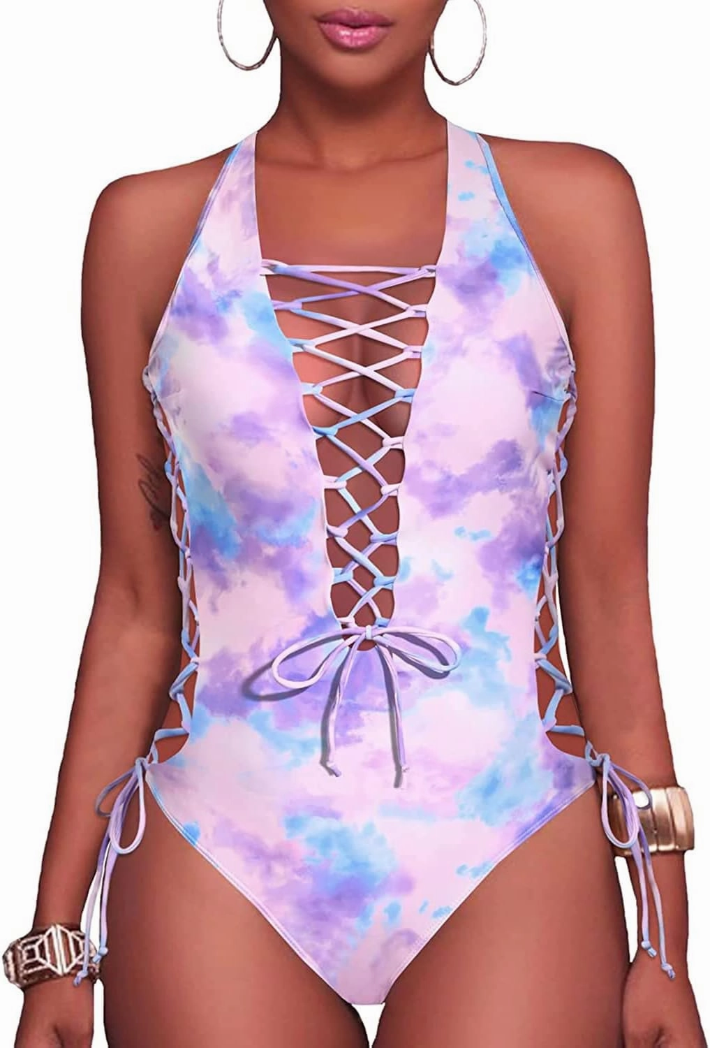 Holipick Women Sexy One Piece Swimsuit One Shoulder Bathing Suit Lace Up Swimwear Monokini