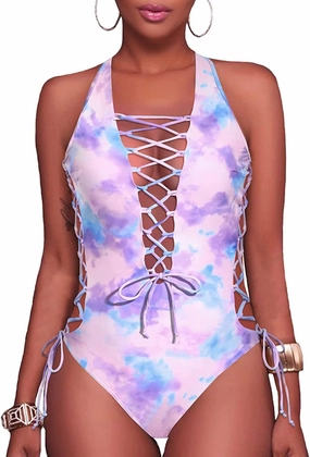 Holipick Women Sexy One Piece Swimsuit One Shoulder Bathing Suit Lace Up Swimwear Monokini