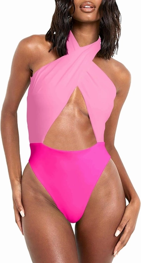 HYPERFIRE Women's Sexy Halter Criss Cross Swimsuit Cut Out One Piece Bathing Suit High Cut Swimwear