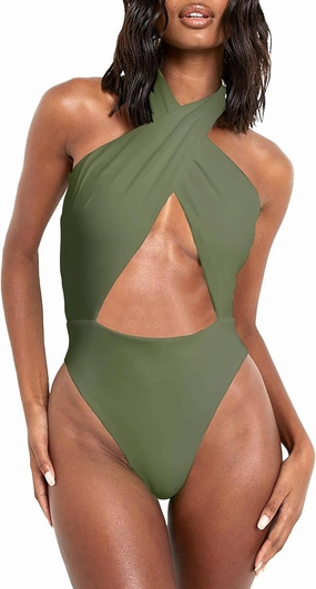 HYPERFIRE Women's Sexy Halter Criss Cross Swimsuit Cut Out One Piece Bathing Suit High Cut Swimwear