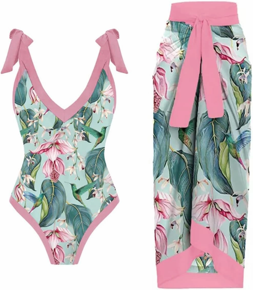 IDOPIP Women's One Piece Swimsuit with Beach Cover up Wrap Skirt Sarong Retro Floral Print Bikini Set Two Piece Bathing Suit