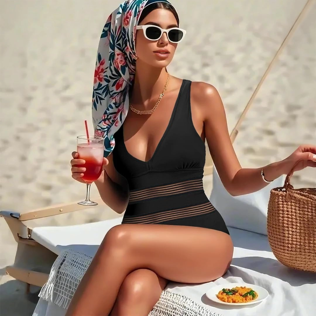 Jusfitsu Women's One Piece Swimsuits Tummy Control V Neck Bathing Suit for Women Sexy Mesh High Waisted Swimwear