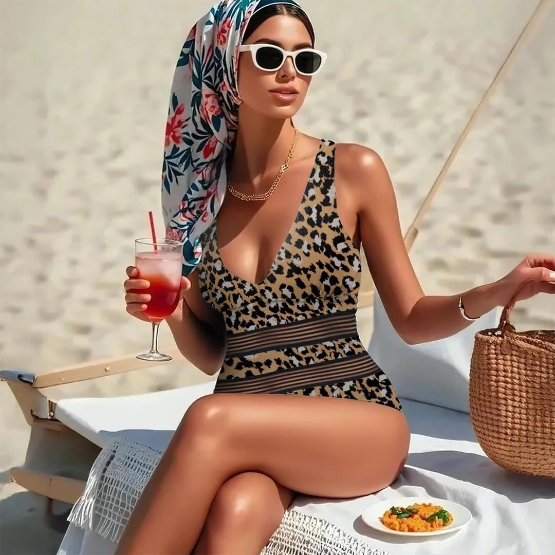 Jusfitsu Women's One Piece Swimsuits Tummy Control V Neck Bathing Suit for Women Sexy Mesh High Waisted Swimwear
