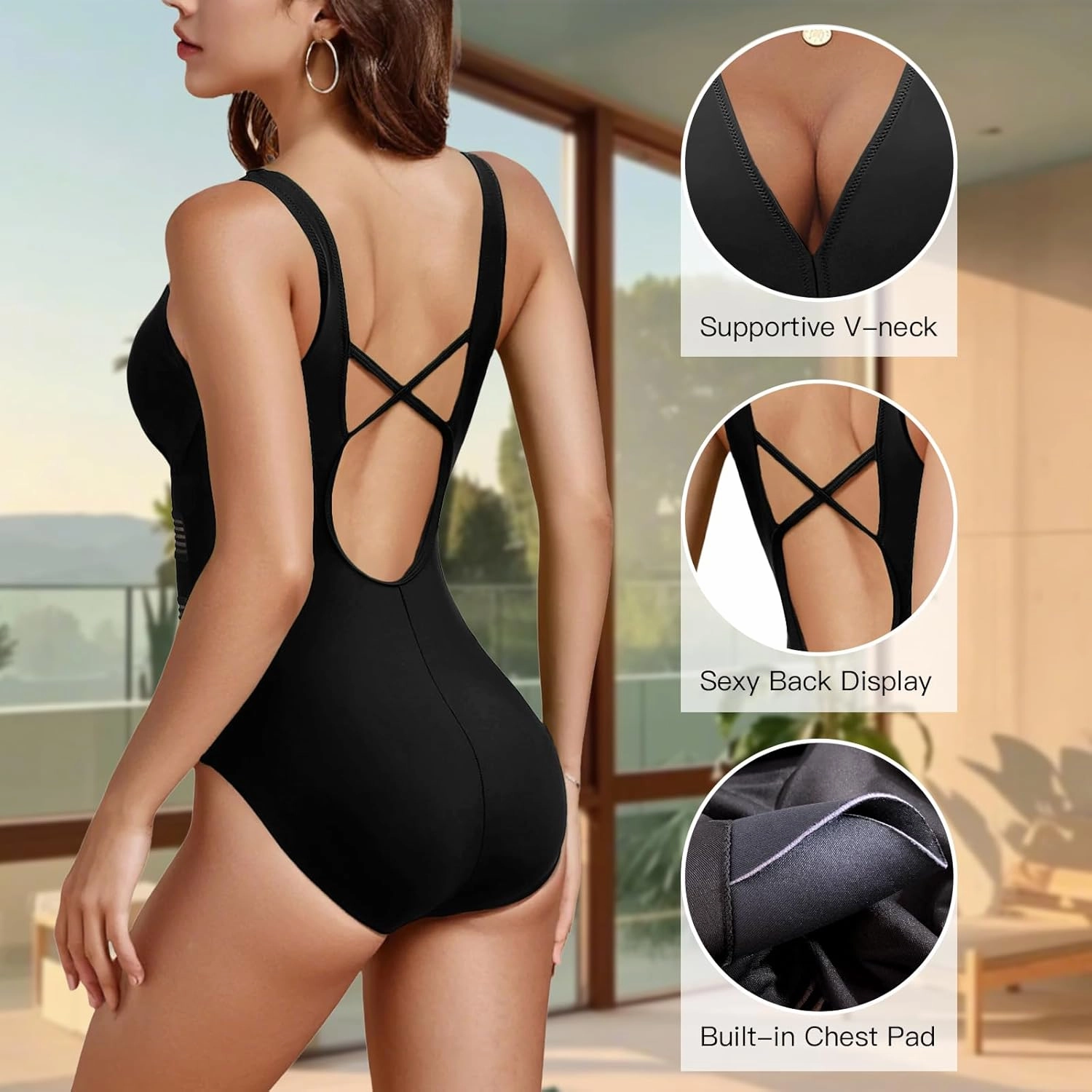 Jusfitsu Women's One Piece Swimsuits Tummy Control V Neck Bathing Suit for Women Sexy Mesh High Waisted Swimwear