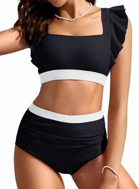 Kate Kasin Womens High Waisted Bikini Sets Ruffle Tummy Control Swimsuits Full Coverage Cheeky Two Piece Bathing Suit