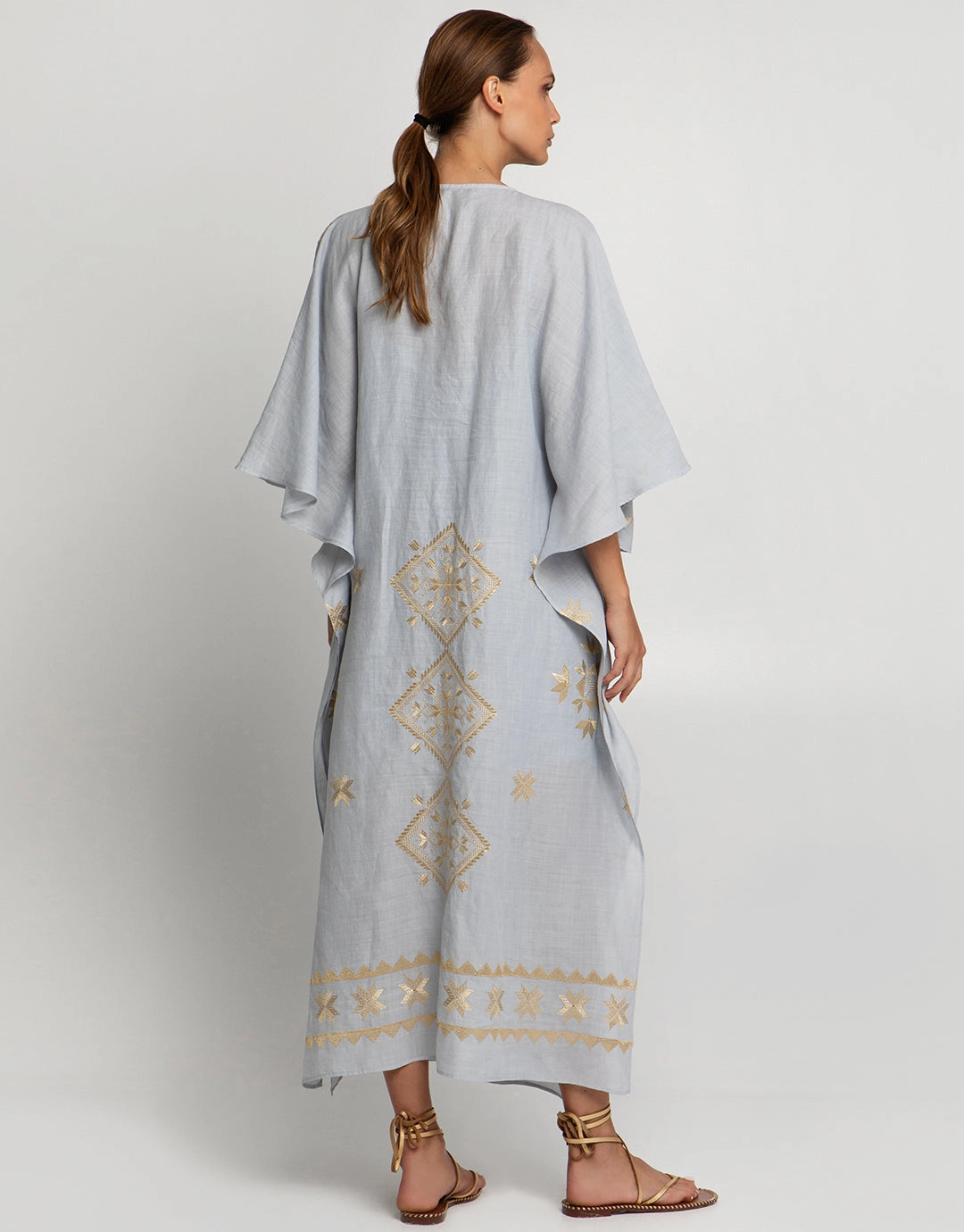 Lefkada Kimono Sleeve Maxi Kaftan - Light Grey and Gold