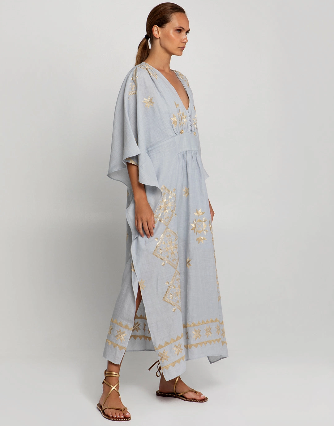 Lefkada Kimono Sleeve Maxi Kaftan - Light Grey and Gold