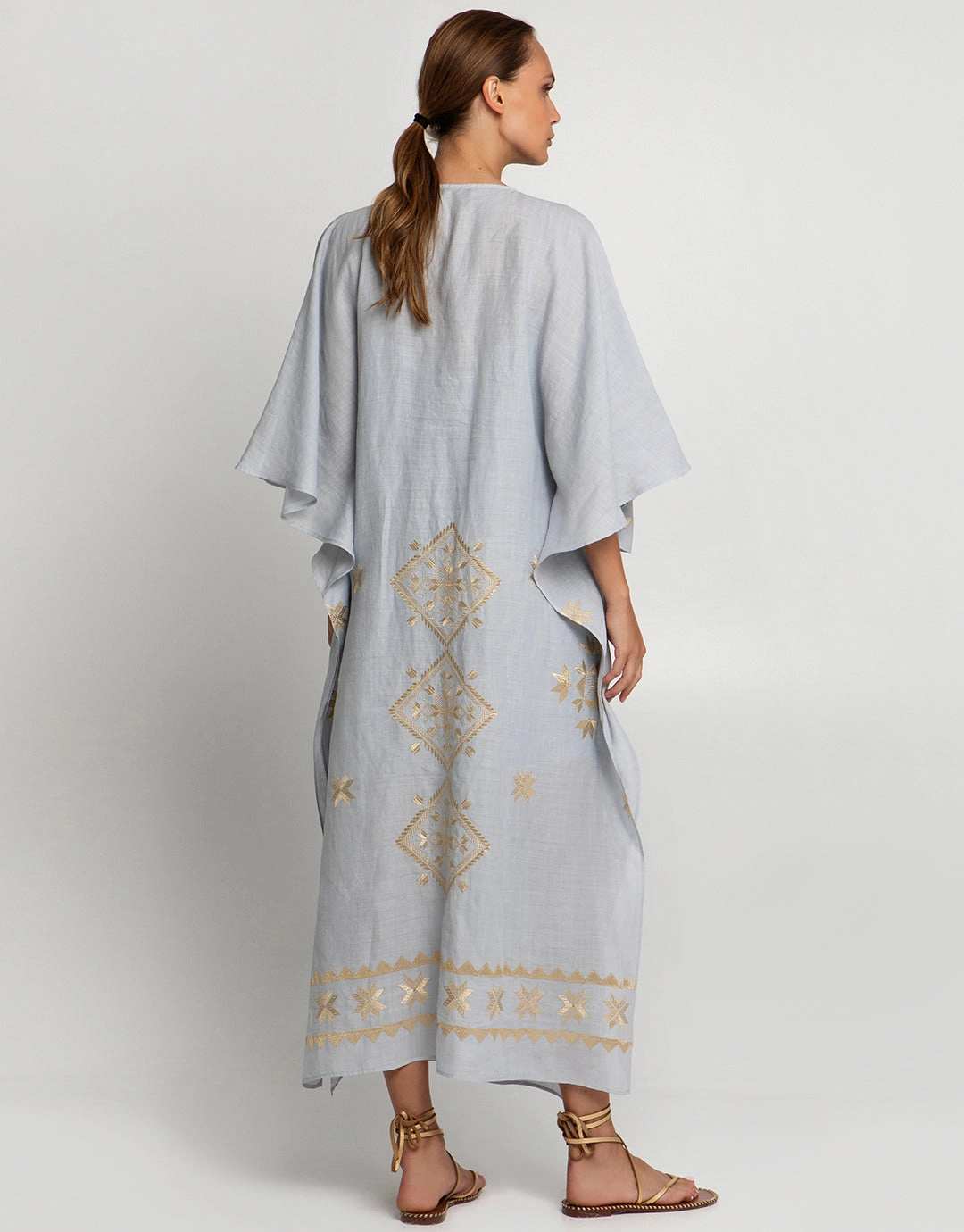 Lefkada Kimono Sleeve Maxi Kaftan - Light Grey and Gold
