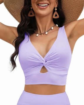 LookbookStore Tankini Tops for Women Cut Out Long Bikini Top Twist Knot Padded Adjustable Swimsuit Tops Only Resort Wear