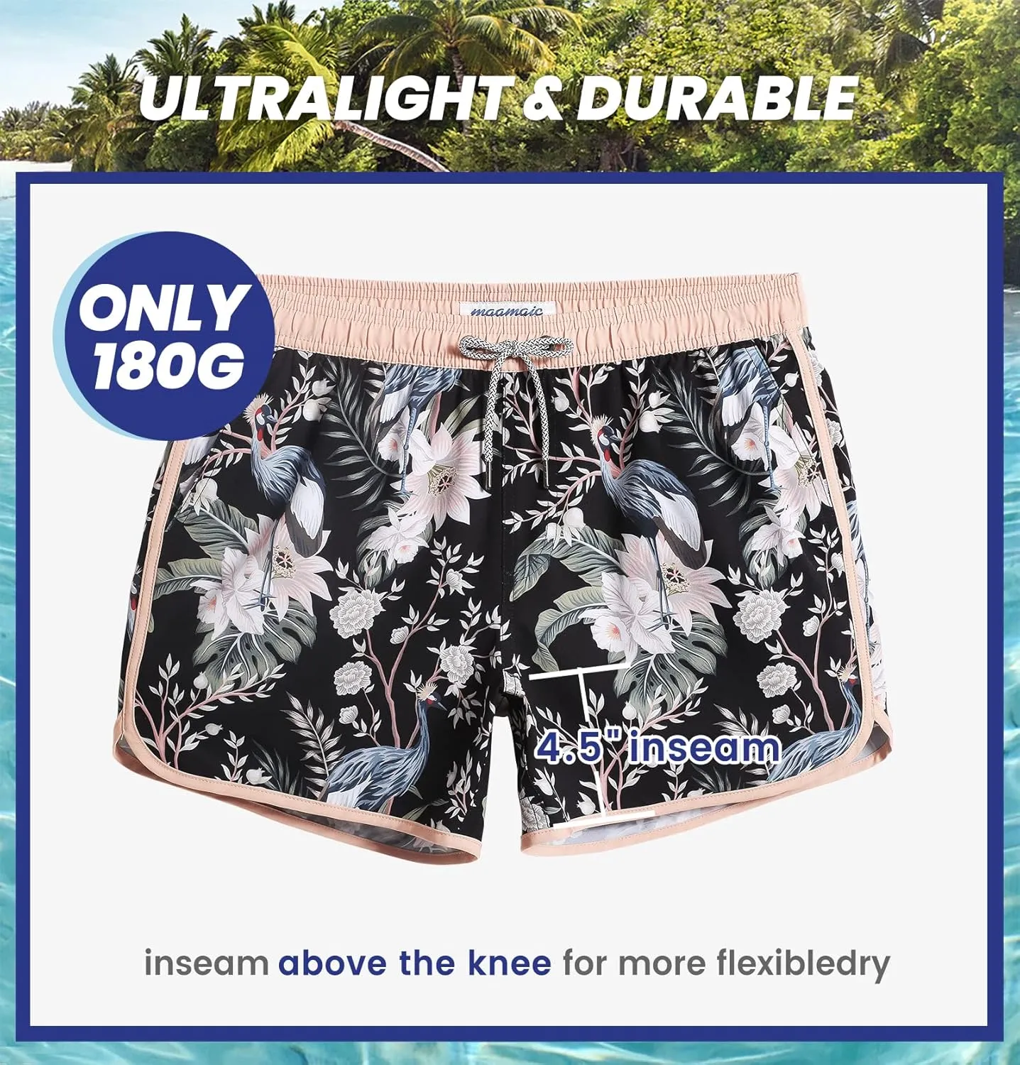 maamgic Mens Swim Trunks Retro Swim Shorts 4 Way Stretch with Mesh Vintage 80s 90s Quick Dry Swimsuits Board Shorts