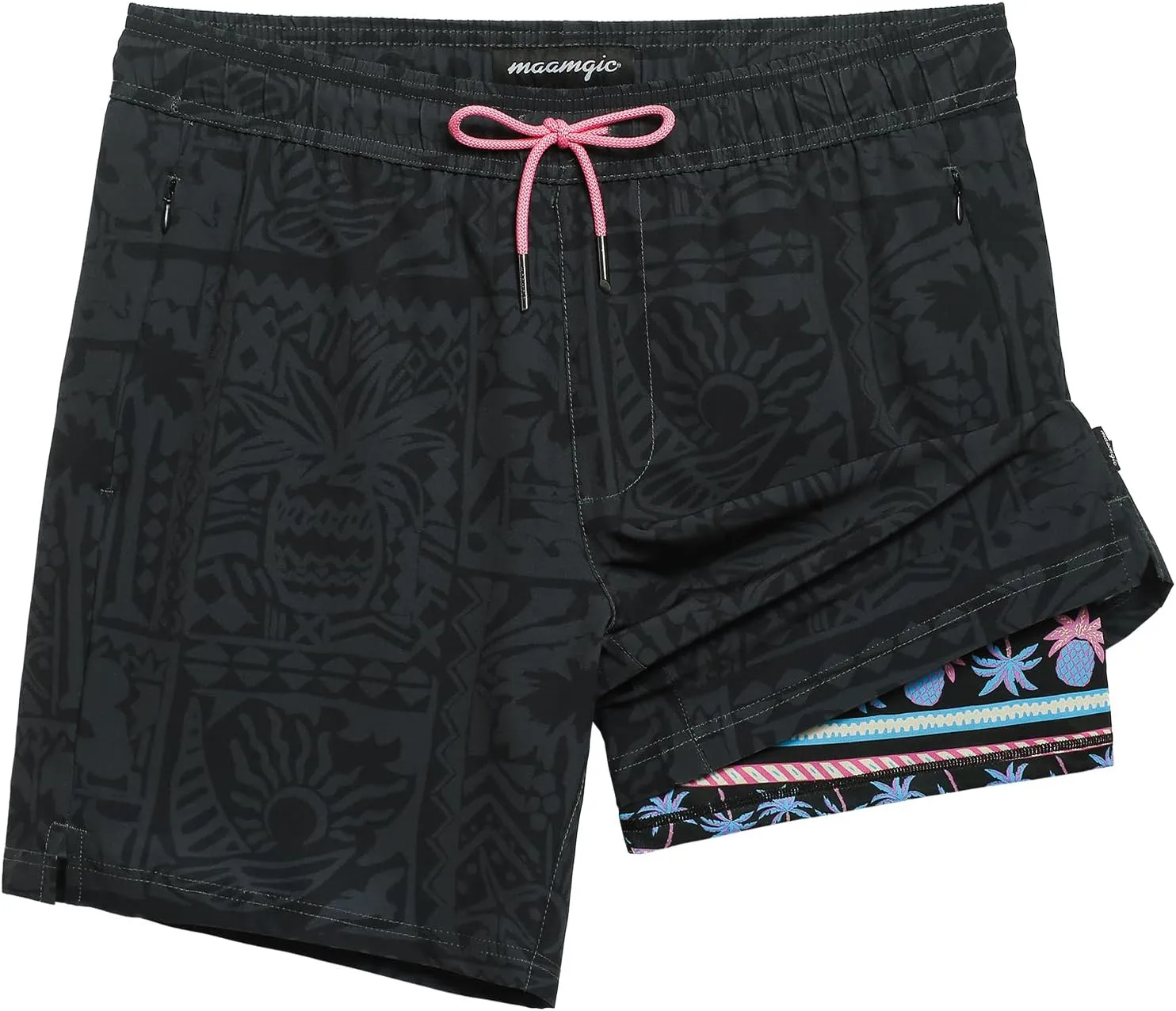 maamgic Mens Swim Trunks with Compression Liner 7" Bathing Suit Quick Dry Swimming Trunks for Men with Zipper Pockets