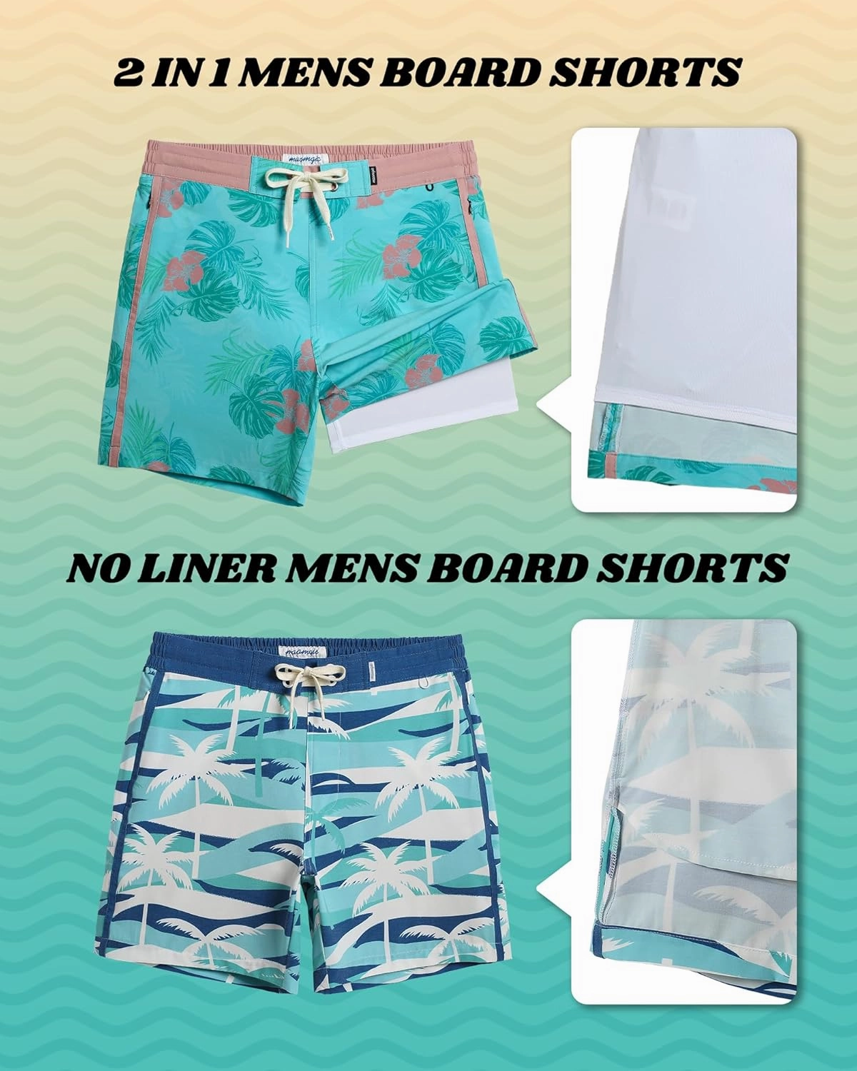 maamgic Men's Swim Trunks with Compression Liner Board Shorts Vintage Beach Shorts Quick Dry with Zipper Pockets