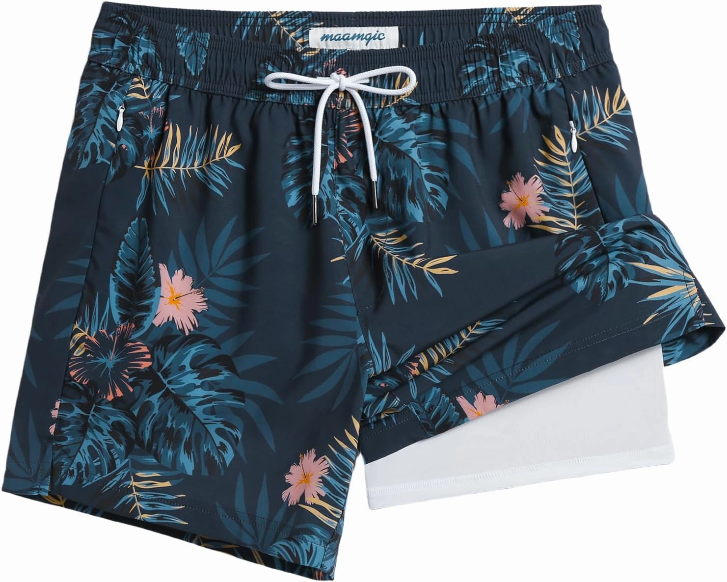 maamgic Mens 5.5 Inch Swim Trunks with Compression Liner Board Shorts Quick Dry Beach Swimwear with Zipper Pockets