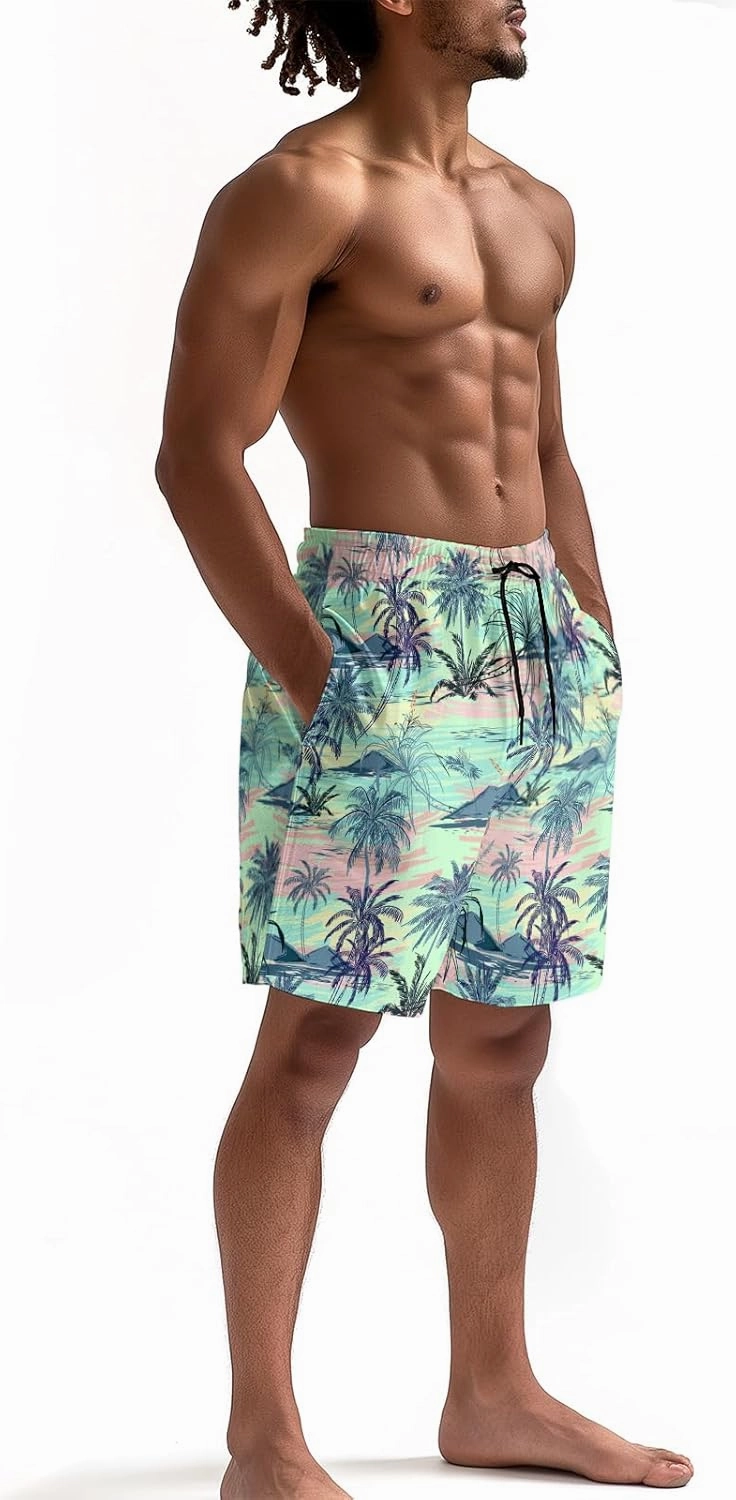 Men's Funny Cat Riding Unicorn with Gun Swim Trunks Boardshort Beach Shorts