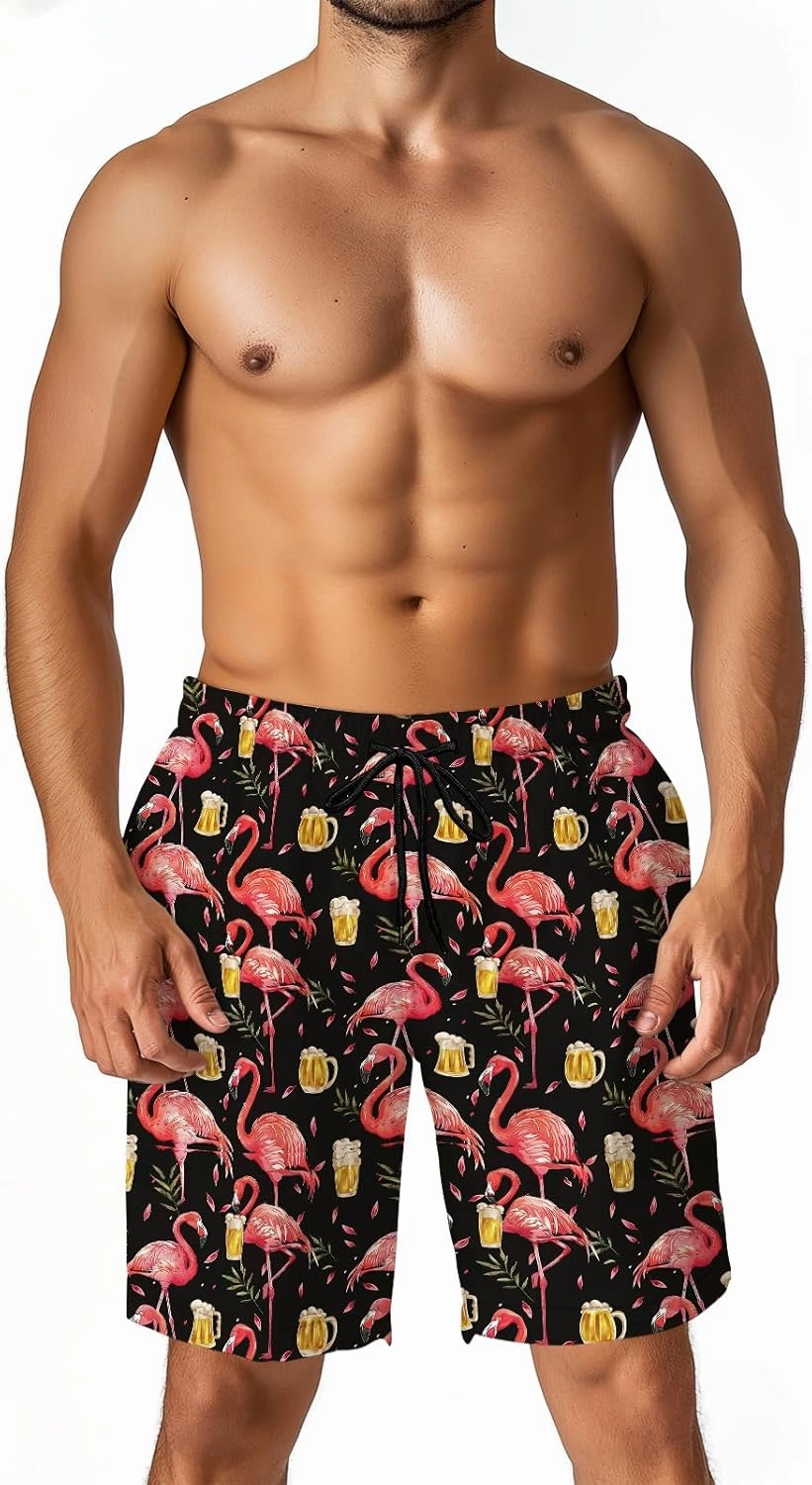 Men's Funny Cat Riding Unicorn with Gun Swim Trunks Boardshort Beach Shorts