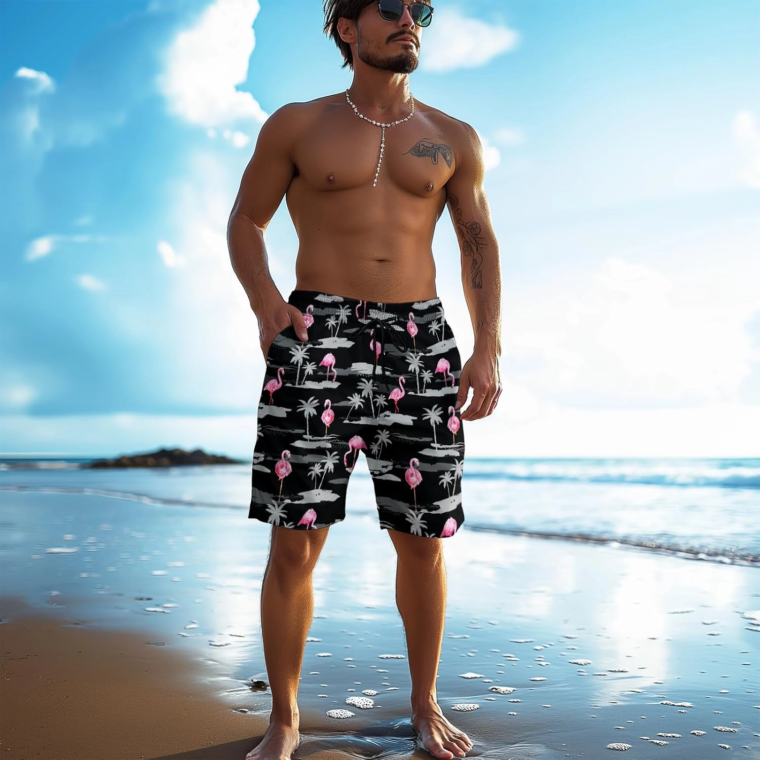 Men's Funny Cat Riding Unicorn with Gun Swim Trunks Boardshort Beach Shorts