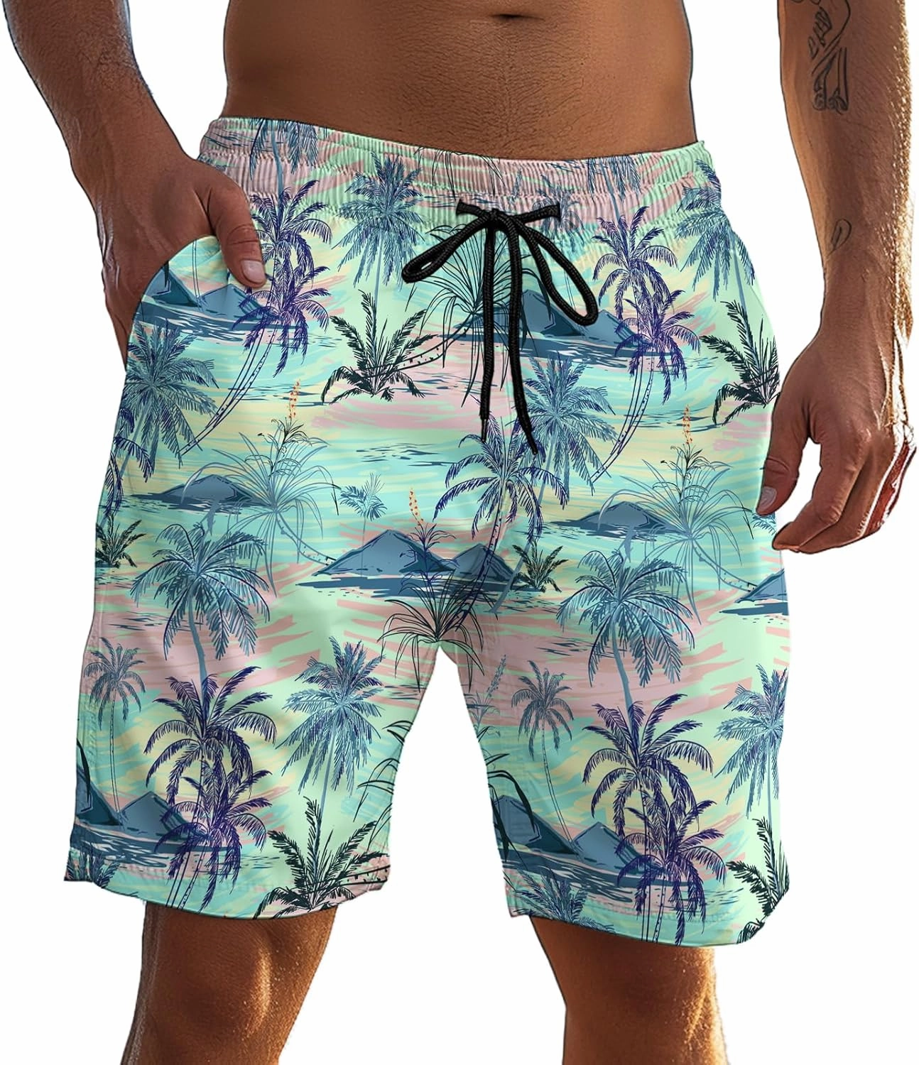 Men's Funny Cat Riding Unicorn with Gun Swim Trunks Boardshort Beach Shorts