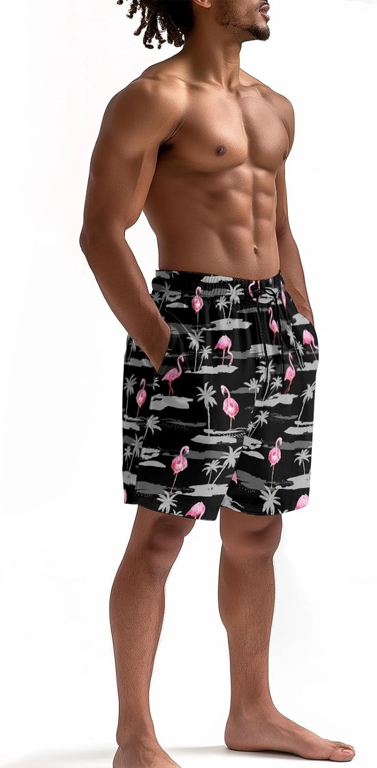 Men's Funny Cat Riding Unicorn with Gun Swim Trunks Boardshort Beach Shorts