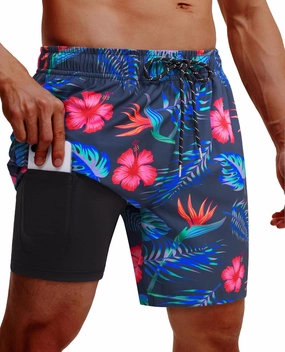 Men's Swim Trunks 7 Inch with Compression Liner 2 in 1 Swim Shorts Stretch Quick Dry Bathing Suits with Pockets