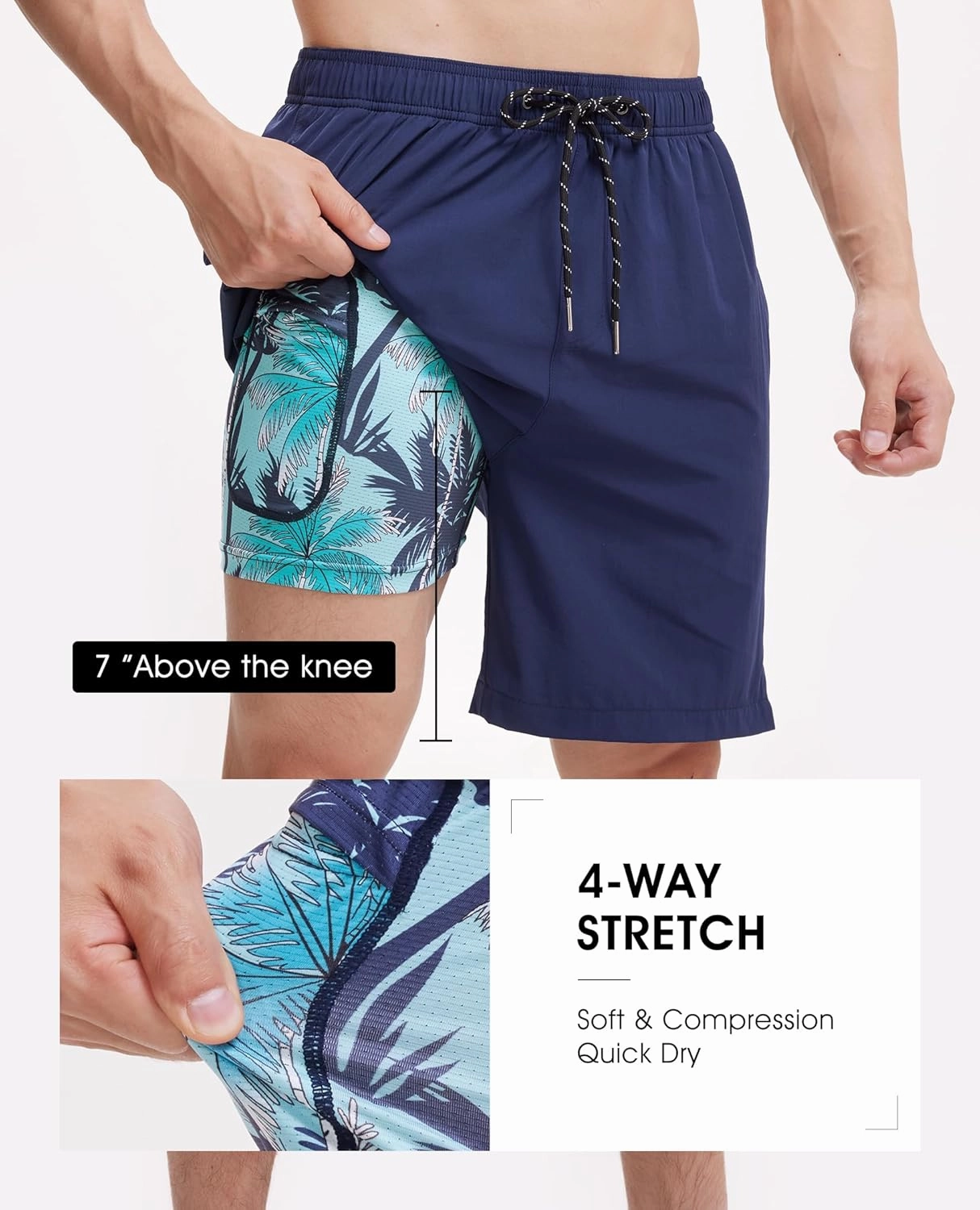 Men's Swim Trunks 7 Inch with Compression Liner 2 in 1 Swim Shorts Stretch Quick Dry Bathing Suits with Pockets