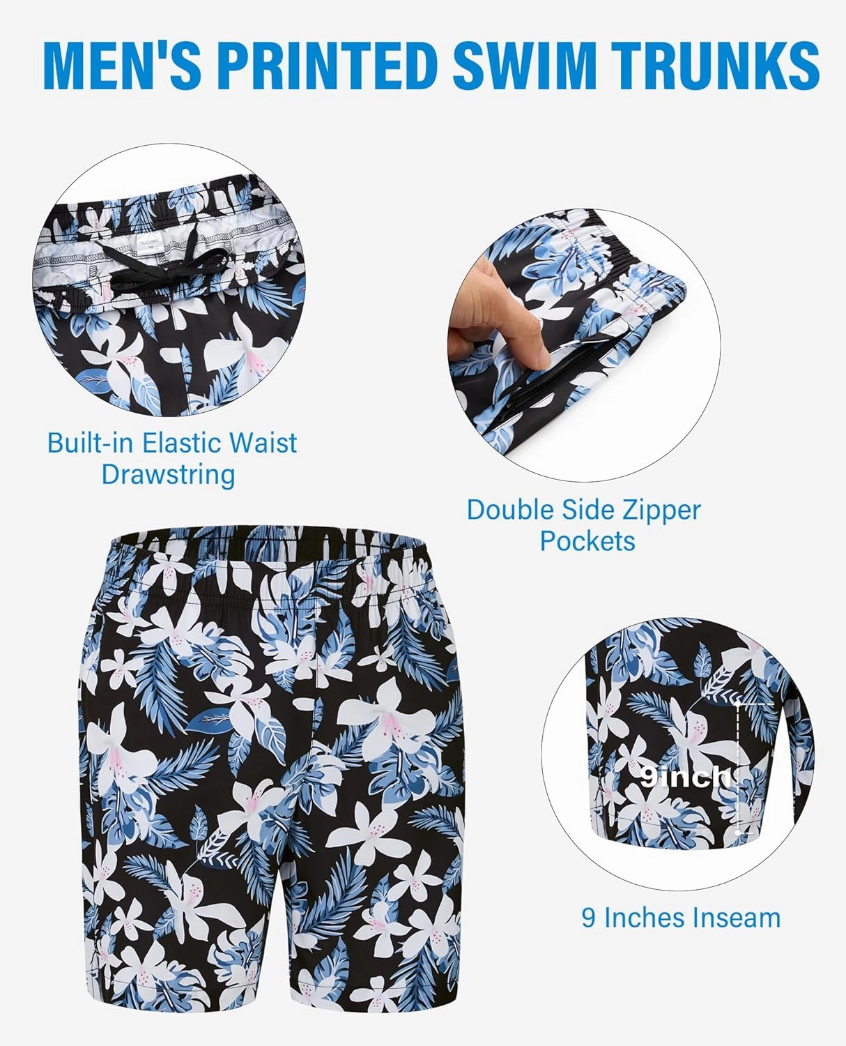 Men's Swim Trunks 9 Inch Printed Quick Dry Swim Shorts with Zipper Pocket No Liner Board Shorts Bathing Suit