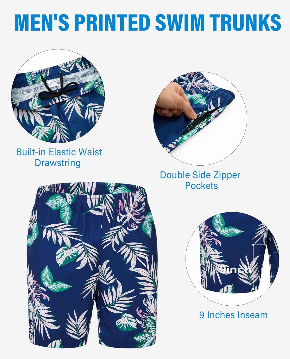 Men's Swim Trunks 9 Inch Printed Quick Dry Swim Shorts with Zipper Pocket No Liner Board Shorts Bathing Suit