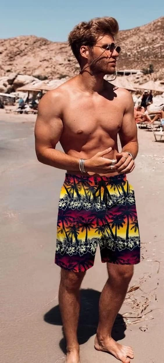 Men's Swim Trunks Hawaiian Bathing Mesh Lining Suit Swimsuits Beach Shorts with Pockets