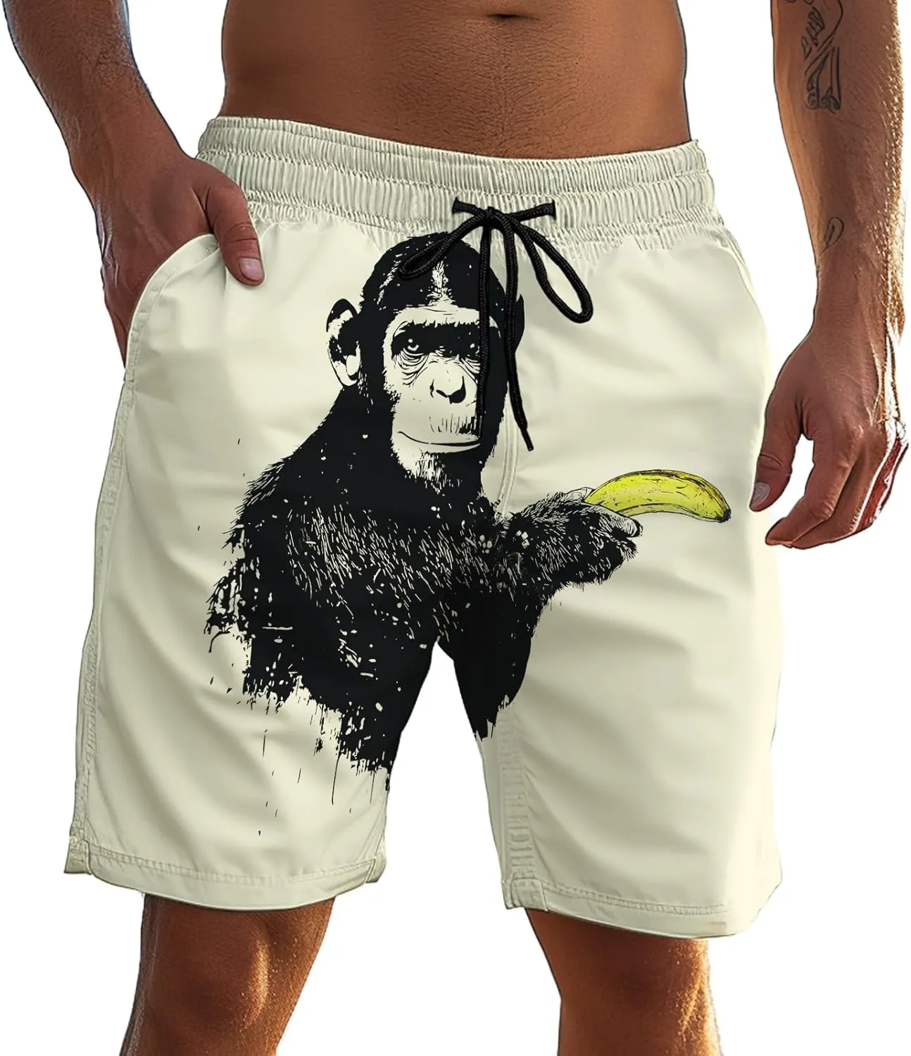 Men's Funny Cat Riding Unicorn with Gun Swim Trunks Boardshort Beach Shorts