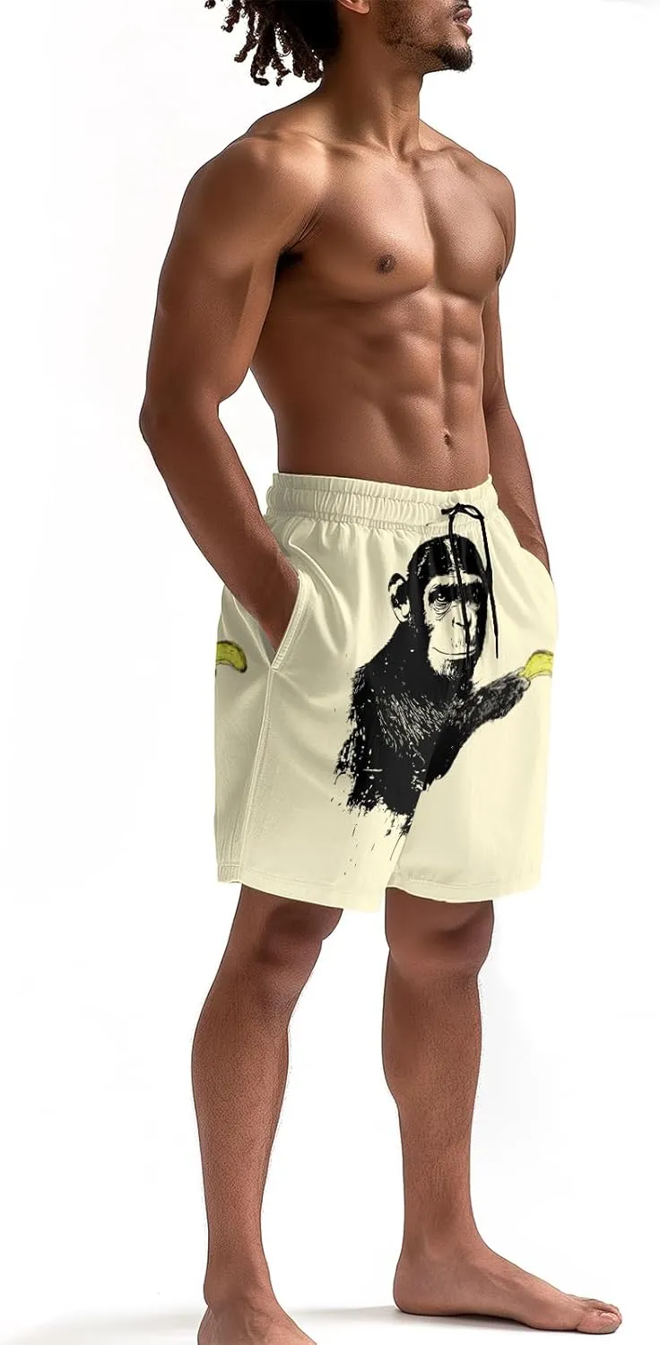 Men's Funny Cat Riding Unicorn with Gun Swim Trunks Boardshort Beach Shorts