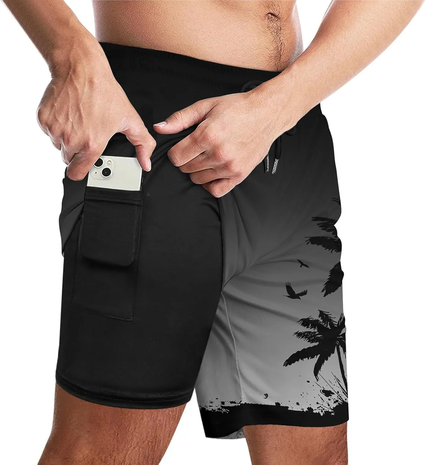 Men's Funny Cat Riding Unicorn with Gun Swim Trunks Boardshort Beach Shorts