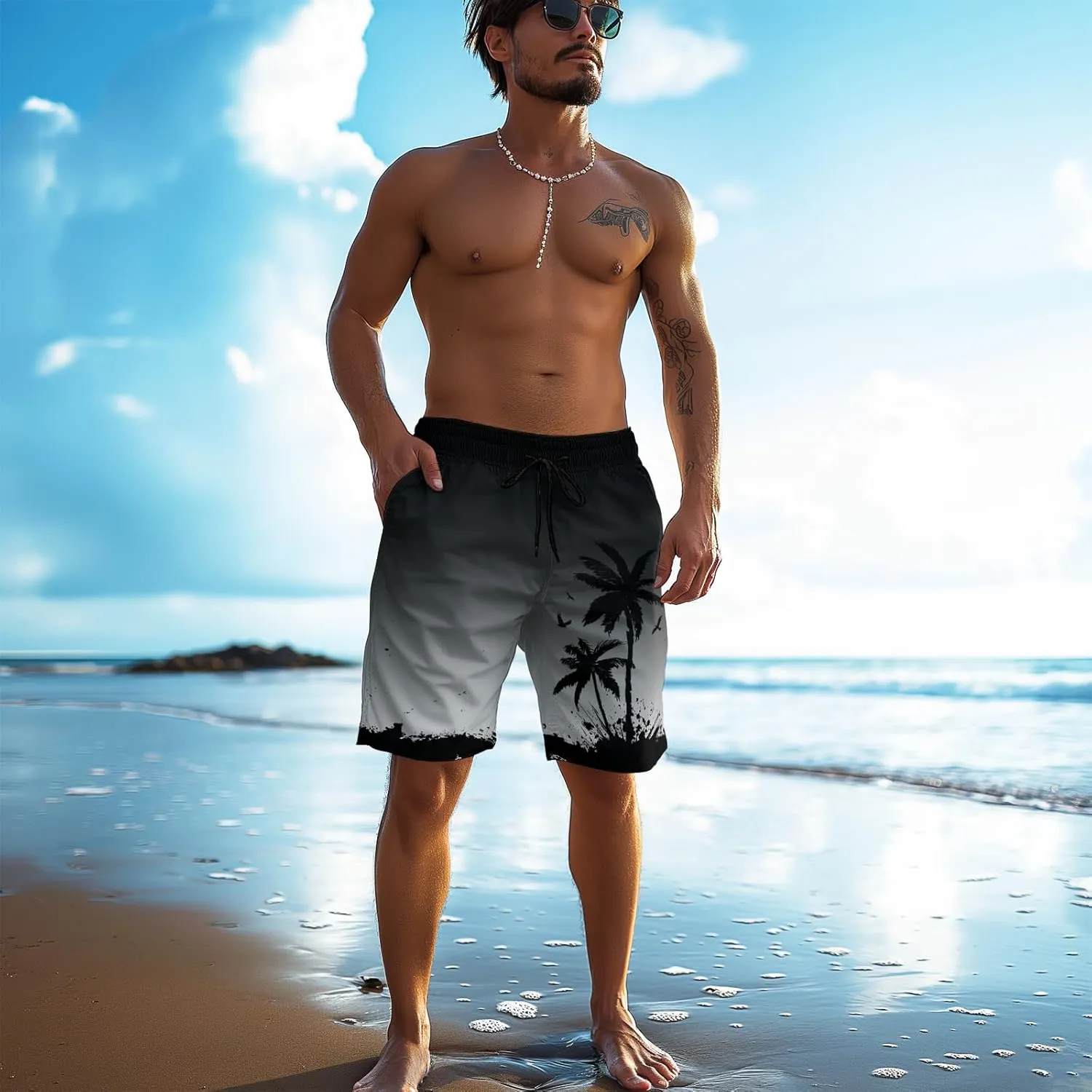 Men's Funny Cat Riding Unicorn with Gun Swim Trunks Boardshort Beach Shorts