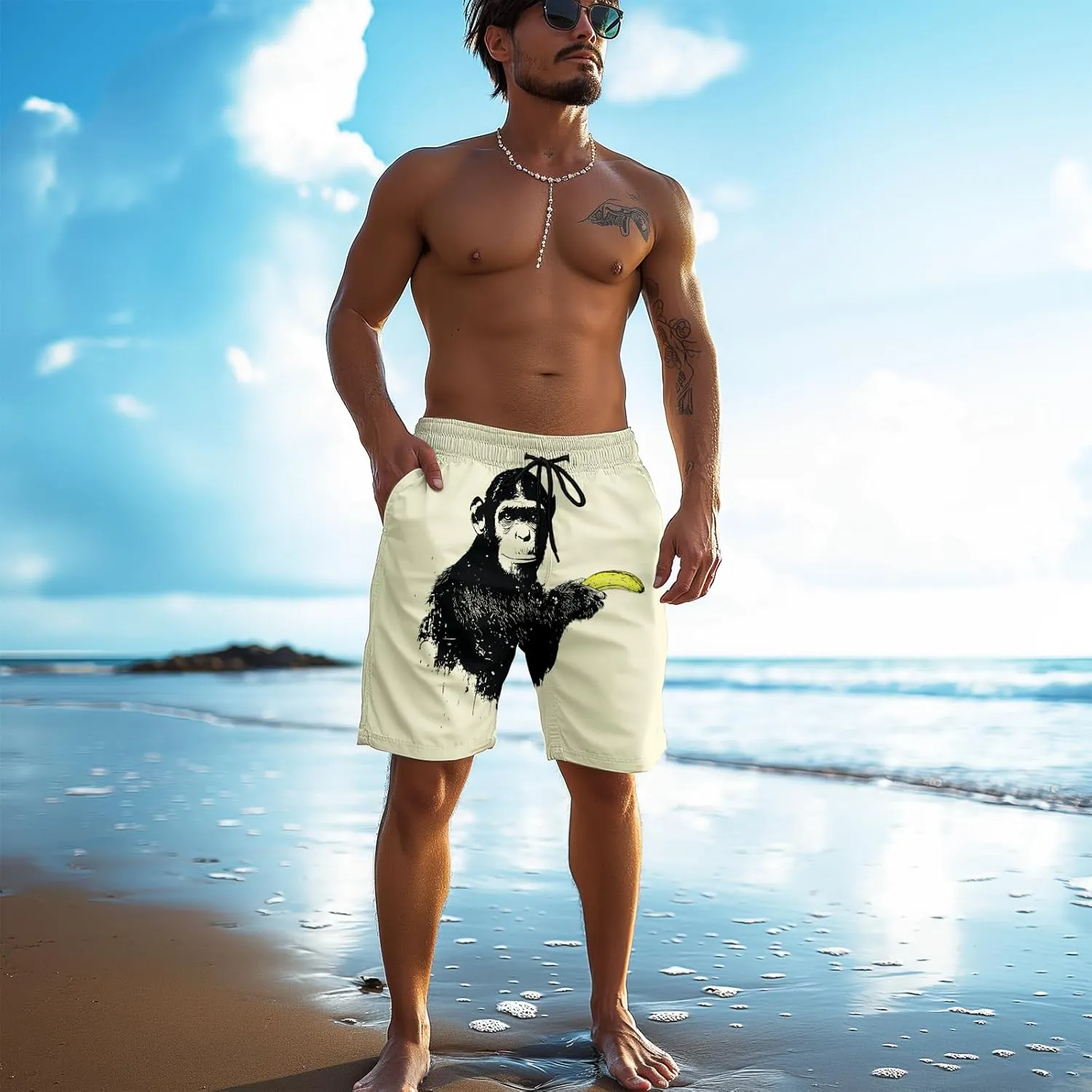 Men's Funny Cat Riding Unicorn with Gun Swim Trunks Boardshort Beach Shorts