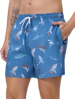 Mens Swim Trunks with Compression Liner 5" Stretch Beach Shorts 2 in 1 Quick Dry with Zipper Pockets Board Shorts