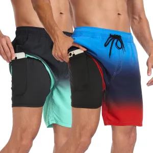 Mens Swim Trunks with Compression Liner 7 inch Inseam Quick Dry 2 in 1 Beach Board Shorts with Pockets S-3XL