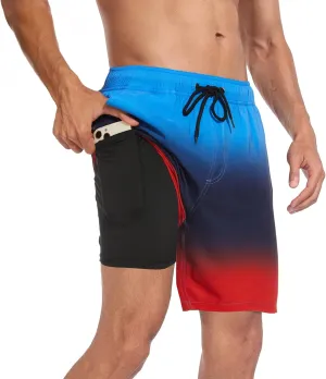 Mens Swim Trunks with Compression Liner 7 inch Inseam Quick Dry 2 in 1 Beach Board Shorts with Pockets S-3XL