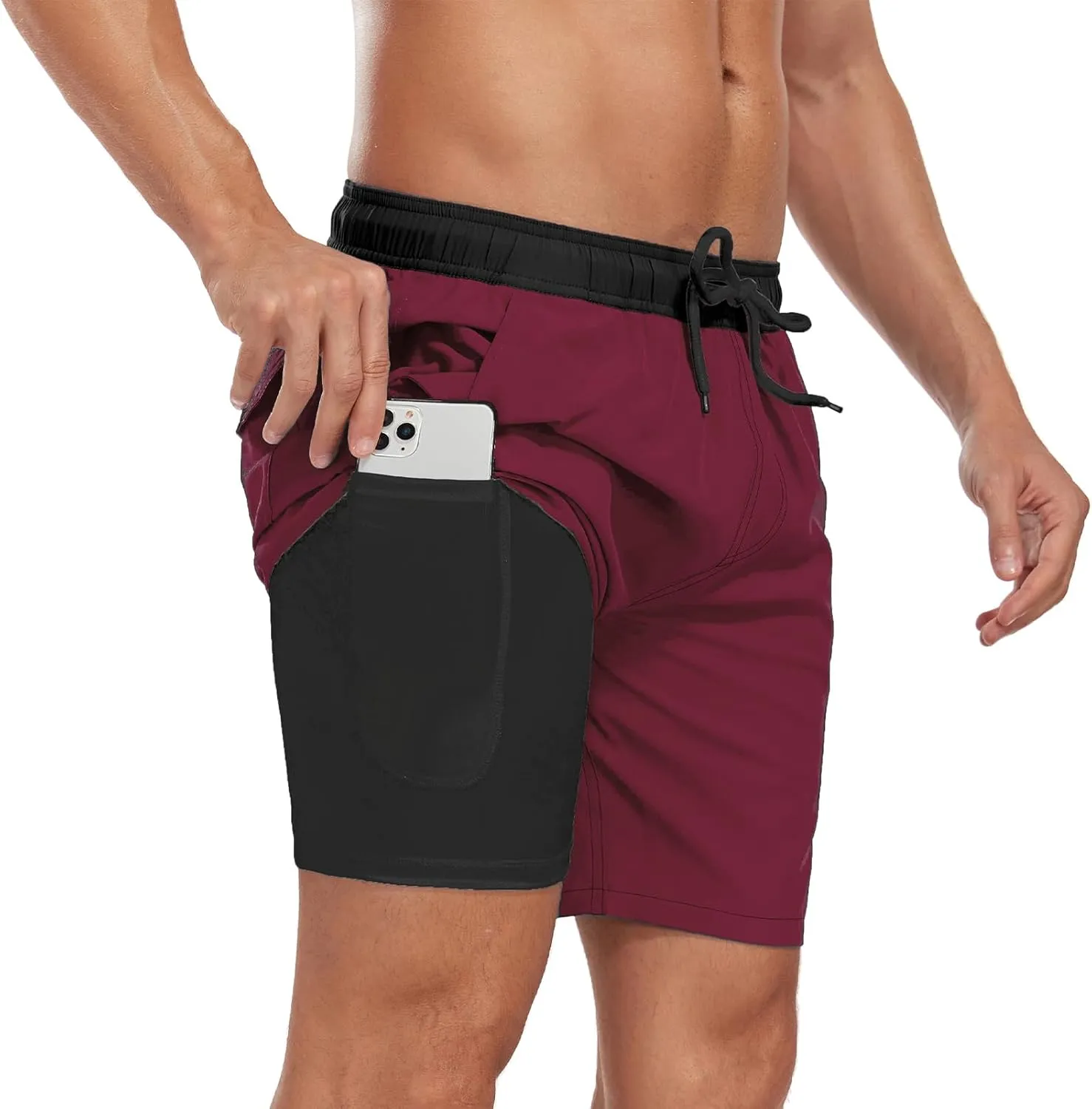Mens Swim Trunks with Compression Liner 7 inch Inseam Quick Dry 2 in 1 Beach Board Shorts with Pockets S-3XL