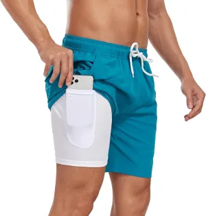 Mens Swim Trunks with Compression Liner 7 inch Inseam Quick Dry 2 in 1 Beach Board Shorts with Pockets S-3XL