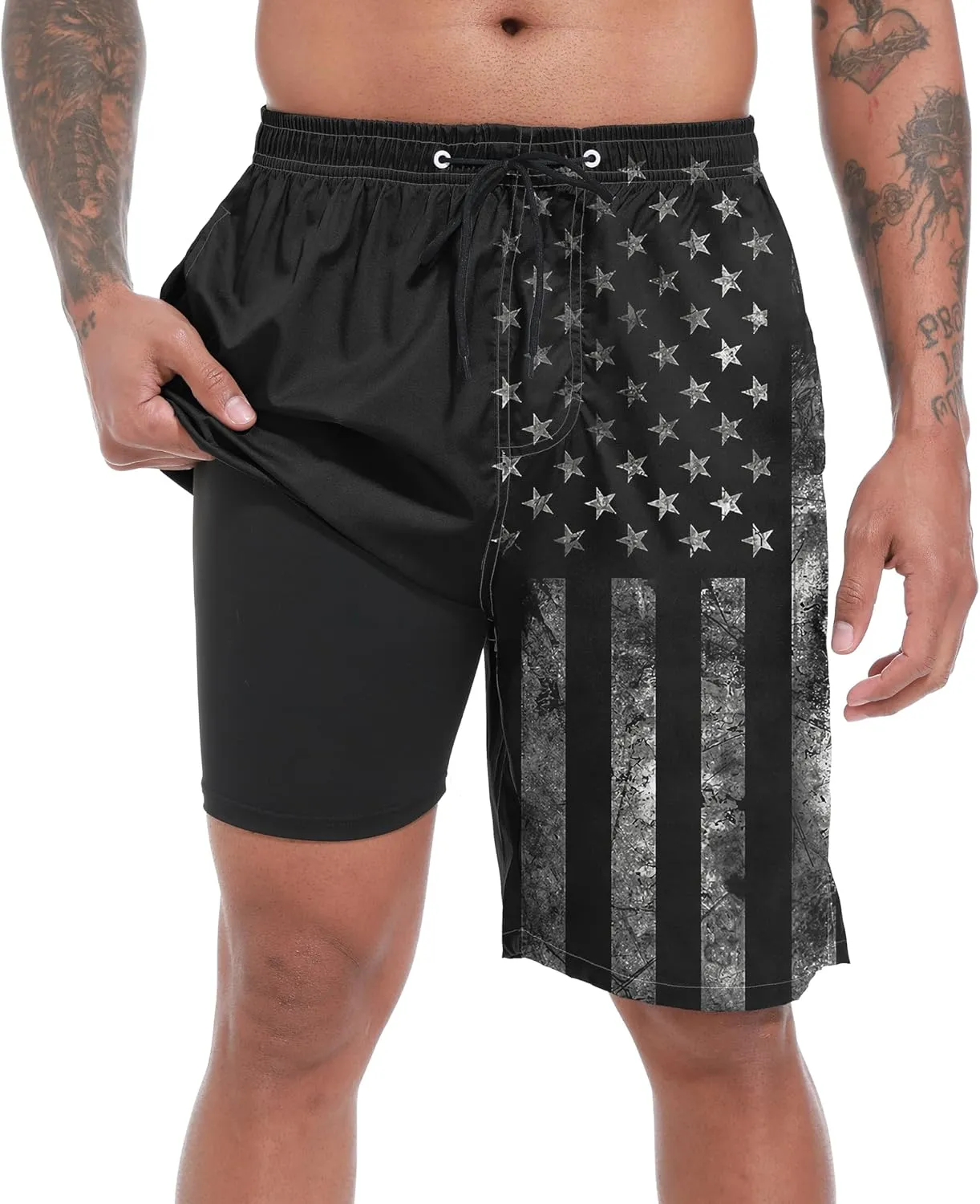 Mens Swim Trunks with Compression Liner 9" Stretch Board Shorts 2 in 1 Quick Dry Swimwear Bathing Suits