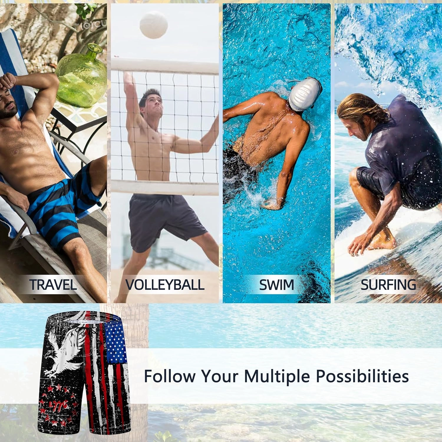 Mens Swim Trunks Quick Dry Board Shorts with Mesh Lining, Breathable Surf Beach Shorts Swimwear Bathing Suits