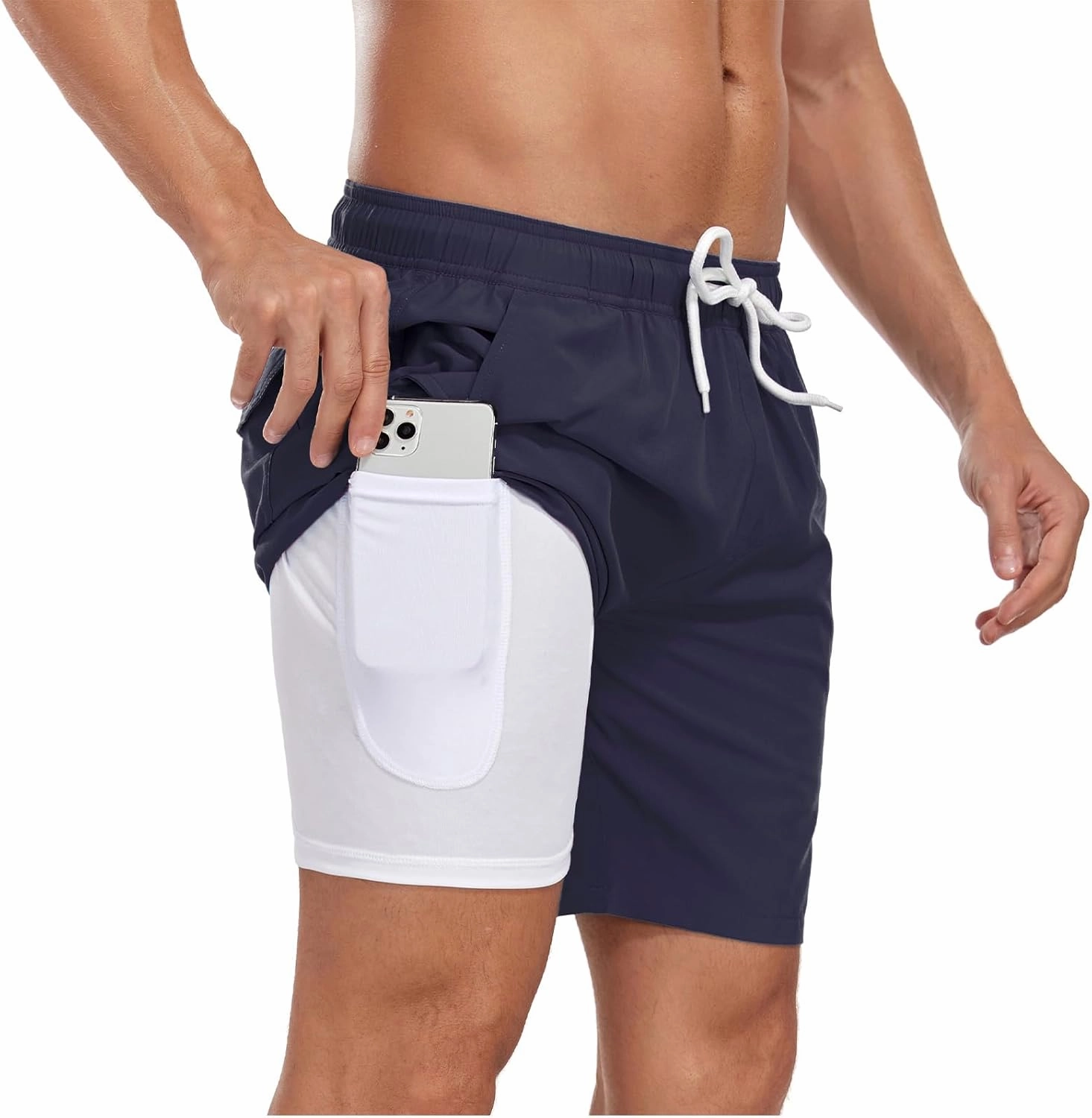 Mens Swim Trunks with Compression Liner 7 inch Inseam Quick Dry 2 in 1 Beach Board Shorts with Pockets S-3XL