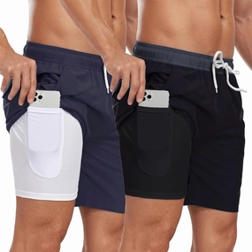 Mens Swim Trunks with Compression Liner 7 inch Inseam Quick Dry 2 in 1 Beach Board Shorts with Pockets S-3XL
