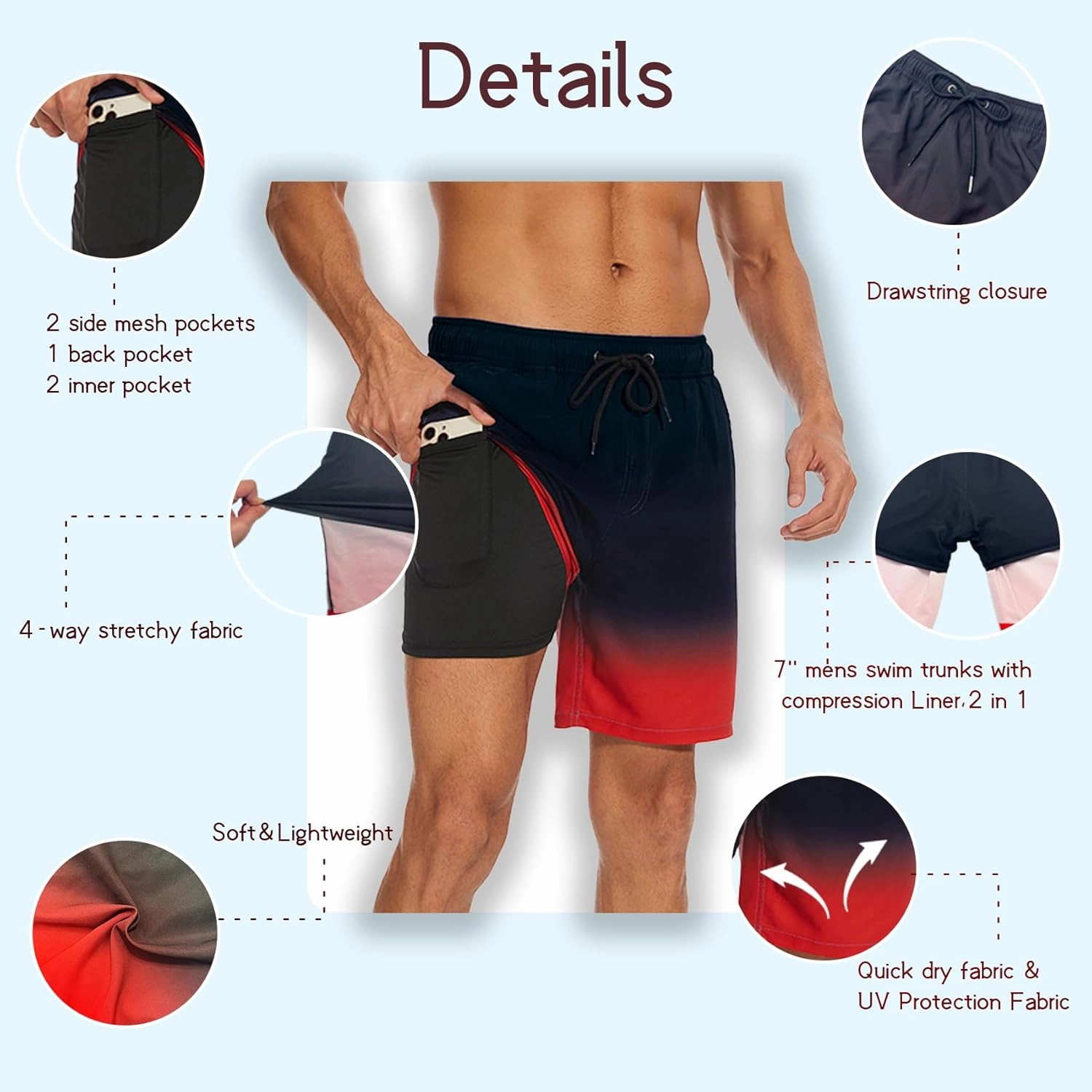 Mens Swim Trunks with Compression Liner 7 inch Inseam Quick Dry 2 in 1 Beach Board Shorts with Pockets S-3XL